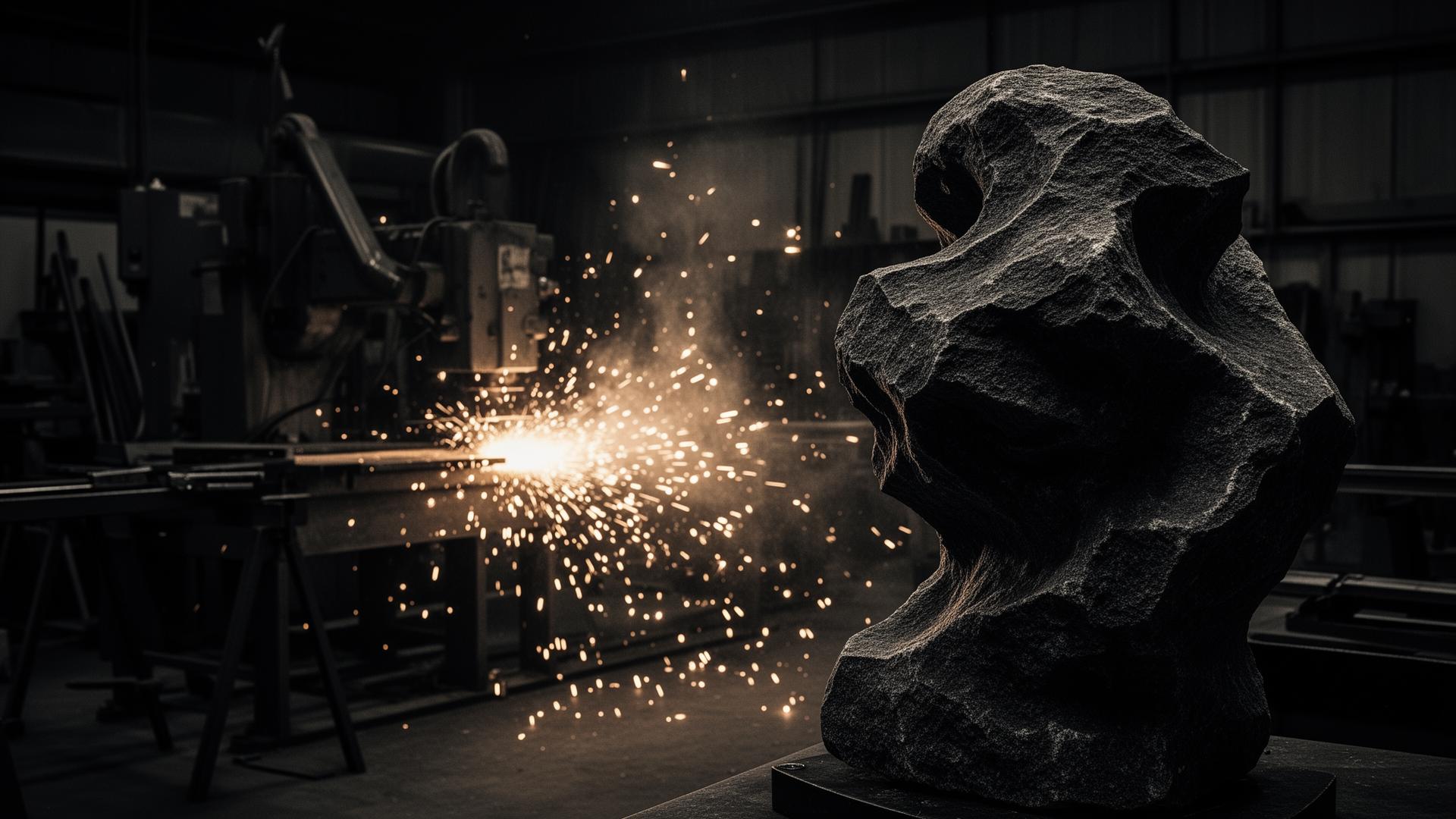 Atmospheric workshop with sparks of fabrication and a stone sculpture